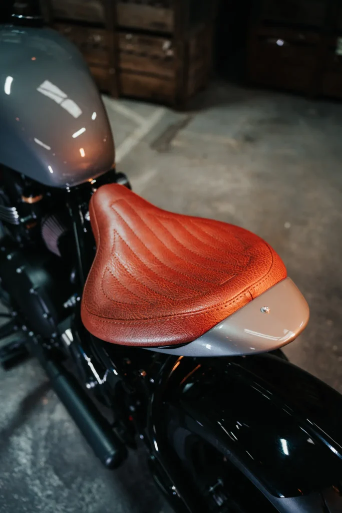 Hand-stitched tobacco leather seat on FCR Original Triumph 1200 Bobber